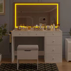 VECELO Coiffeuse avec Miroir éclairé à LED et Prise Électrique, Table de Maquillage avec Tiroirs, Tabouret de Rangement et Support pour Sèche-Cheveux pour Chambre à Coucher, Blanc