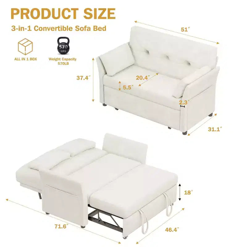 Divano Letto Convertibile Dyonery, Divano Letto Estraibile con Tasca Laterale e Schienale Regolabile, Montaggio Senza Attrezzi, Divanetto Pieghevole per Soggiorno