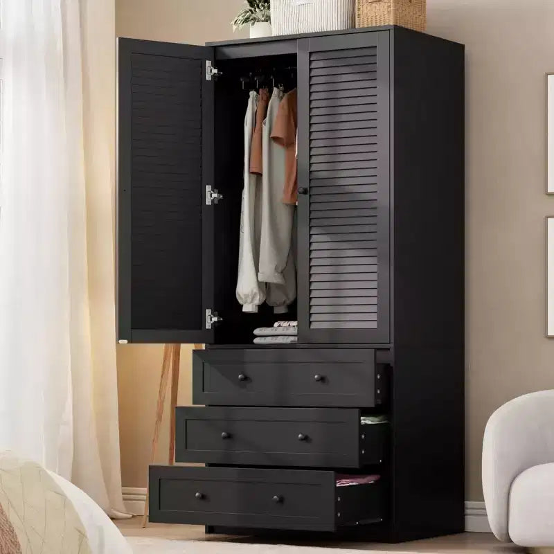 Armoire Wardrobe Closet Wooden Wardrobe Cabinet with 3 Drawers Hanging Rod 2 Doors Clothing Storage Cabinet Large Capacity Storage