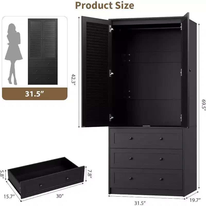 Armoire Penderie Placard Garde-robe en Bois avec 3 Tiroirs Tringle à Suspendre 2 Portes Meuble de Rangement pour Vêtements Grande Capacité