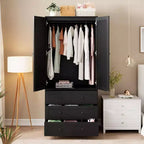 Armoire Penderie Placard Garde-robe en Bois avec 3 Tiroirs Tringle à Suspendre 2 Portes Meuble de Rangement pour Vêtements Grande Capacité