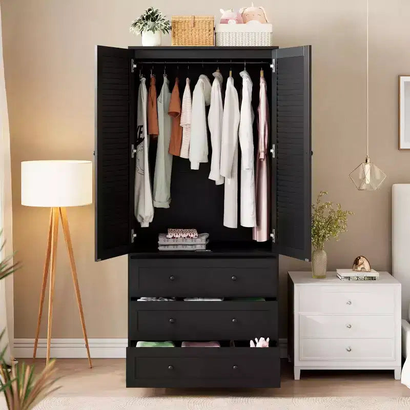 Armoire Penderie Placard Garde-robe en Bois avec 3 Tiroirs Tringle à Suspendre 2 Portes Meuble de Rangement pour Vêtements Grande Capacité