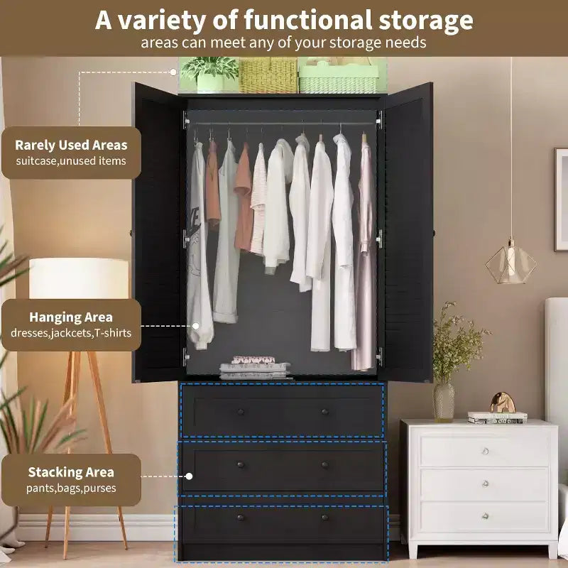 Armoire Penderie Placard Garde-robe en Bois avec 3 Tiroirs Tringle à Suspendre 2 Portes Meuble de Rangement pour Vêtements Grande Capacité