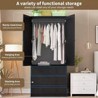 Armoire Penderie Placard Garde-robe en Bois avec 3 Tiroirs Tringle à Suspendre 2 Portes Meuble de Rangement pour Vêtements Grande Capacité