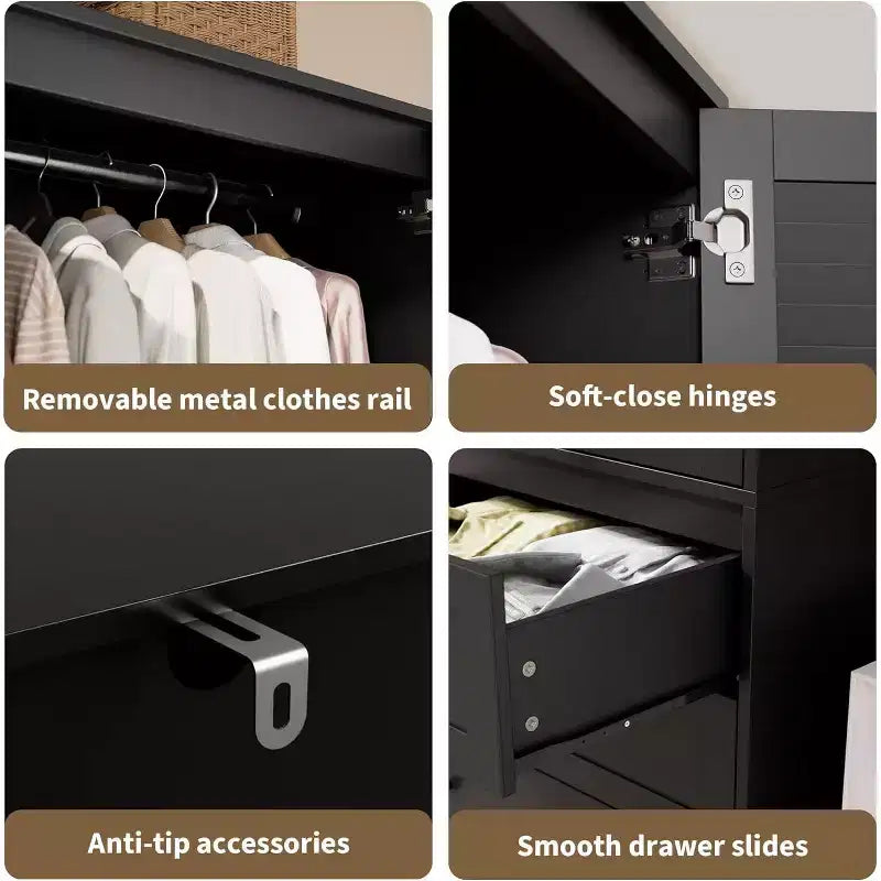 Armoire Penderie Placard Garde-robe en Bois avec 3 Tiroirs Tringle à Suspendre 2 Portes Meuble de Rangement pour Vêtements Grande Capacité