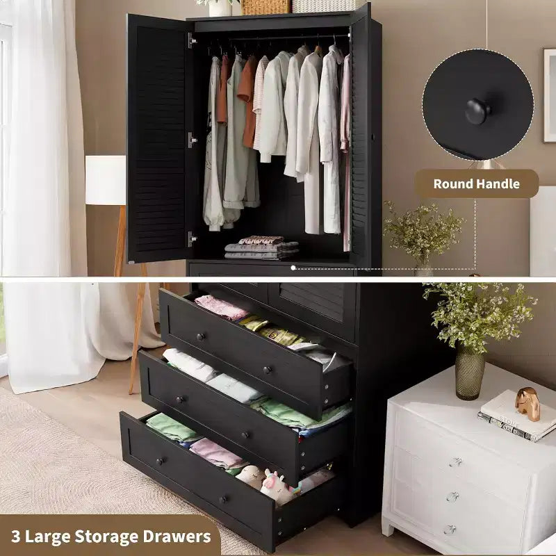 Armoire Penderie Placard Garde-robe en Bois avec 3 Tiroirs Tringle à Suspendre 2 Portes Meuble de Rangement pour Vêtements Grande Capacité