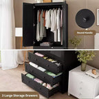 Armoire Penderie Placard Garde-robe en Bois avec 3 Tiroirs Tringle à Suspendre 2 Portes Meuble de Rangement pour Vêtements Grande Capacité