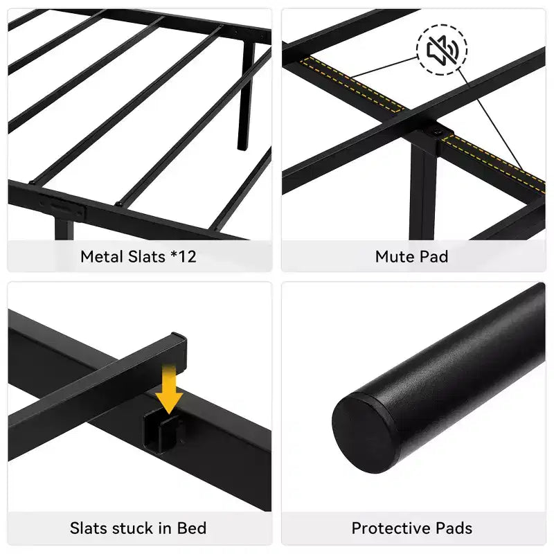 Cadre de lit en métal avec tête et pied de lit, espace de rangement de 30 cm - Support à lattes en acier robuste, silencieux et facile à assembler