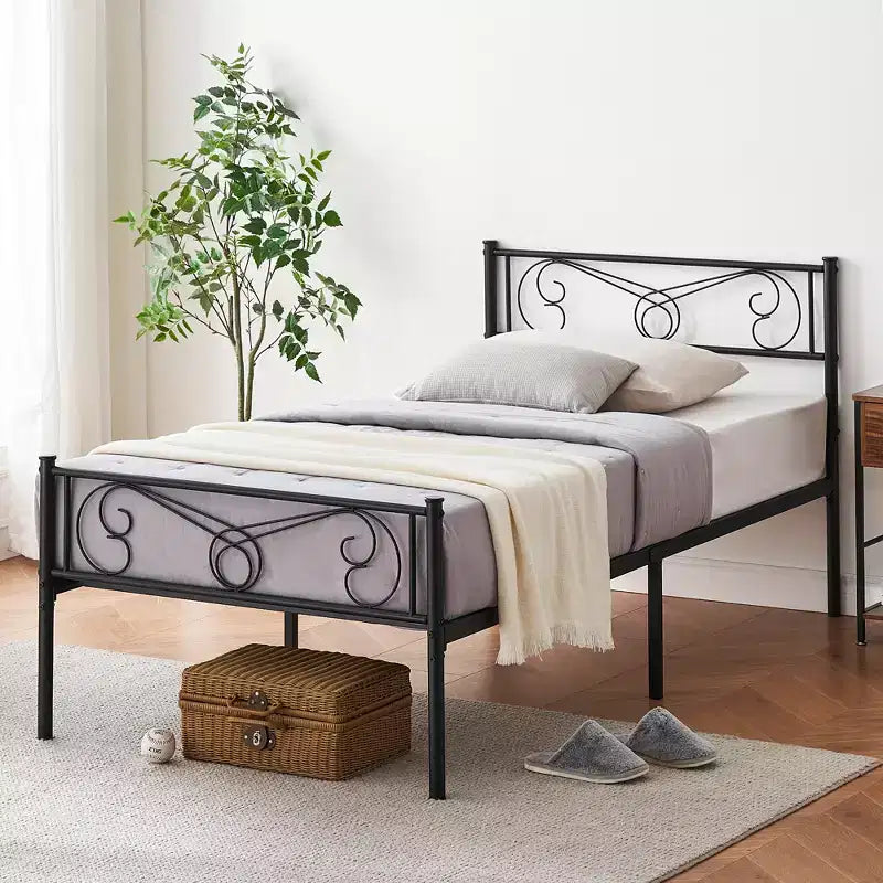 Metal Bed Frame with Headboard and Footboard, 12'' Storage Space - Heavy Duty Steel Slats Support, Noise-Free & Easy Assembly