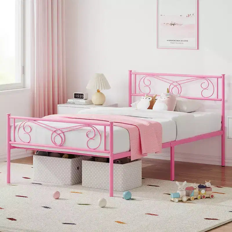 Cadre de lit en métal avec tête et pied de lit, espace de rangement de 30 cm - Support à lattes en acier robuste, silencieux et facile à assembler