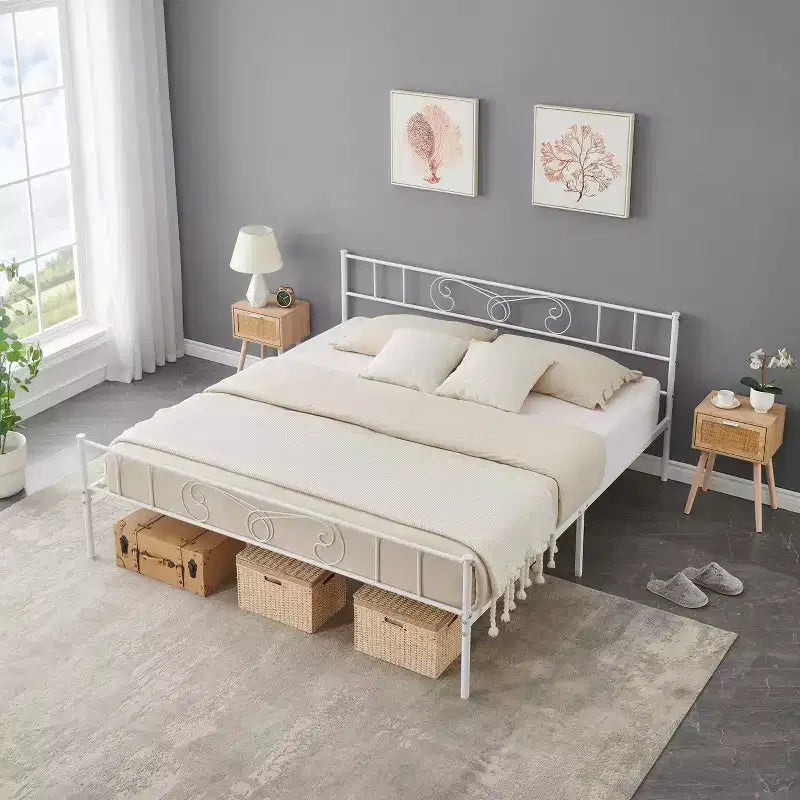Cadre de lit en métal avec tête et pied de lit, espace de rangement de 30 cm - Support à lattes en acier robuste, silencieux et facile à assembler