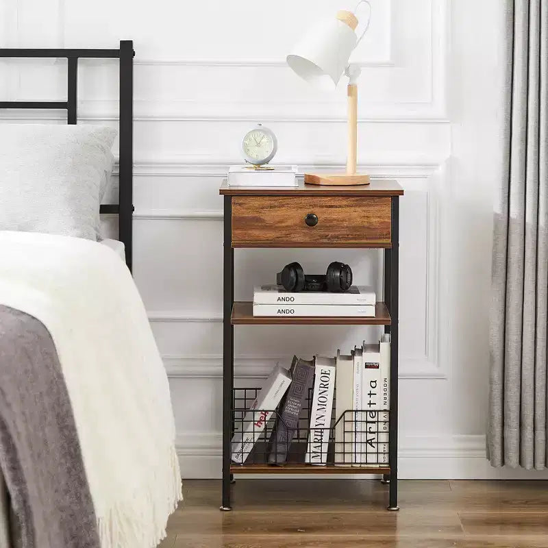 Tavolino VECELO alto, comodino, organizzatore portaoggetti con cassetto in metallo estraibile per soggiorno o camera da letto, grigio/marrone