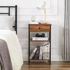 Tavolino VECELO alto, comodino, organizzatore portaoggetti con cassetto in metallo estraibile per soggiorno o camera da letto, grigio/marrone