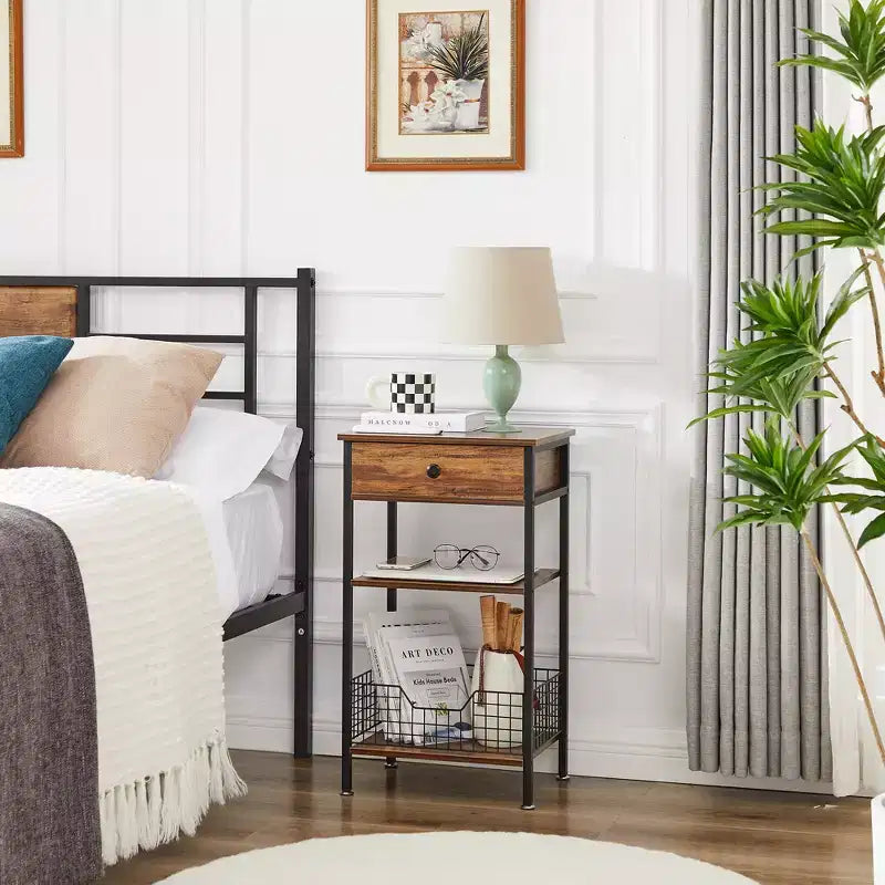 Tavolino VECELO alto, comodino, organizzatore portaoggetti con cassetto in metallo estraibile per soggiorno o camera da letto, grigio/marrone