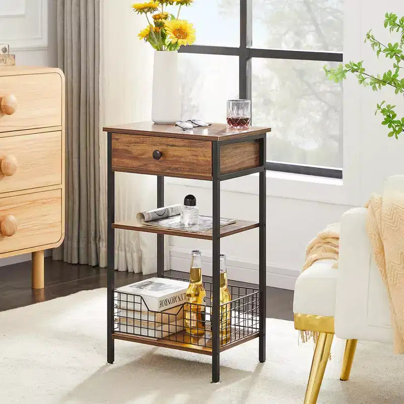 Tavolino VECELO alto, comodino, organizzatore portaoggetti con cassetto in metallo estraibile per soggiorno o camera da letto, grigio/marrone