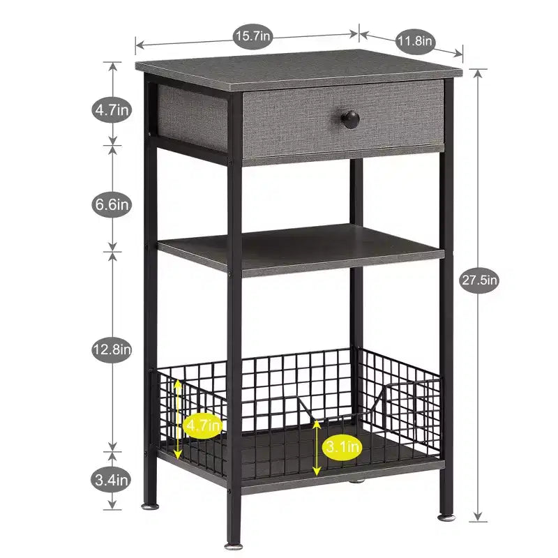 Tavolino VECELO alto, comodino, organizzatore portaoggetti con cassetto in metallo estraibile per soggiorno o camera da letto, grigio/marrone