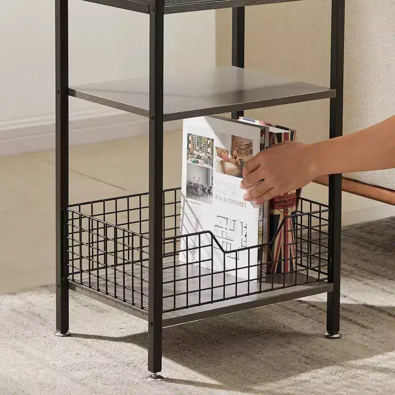 Tavolino VECELO alto, comodino, organizzatore portaoggetti con cassetto in metallo estraibile per soggiorno o camera da letto, grigio/marrone