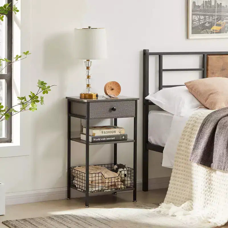 Tavolino VECELO alto, comodino, organizzatore portaoggetti con cassetto in metallo estraibile per soggiorno o camera da letto, grigio/marrone