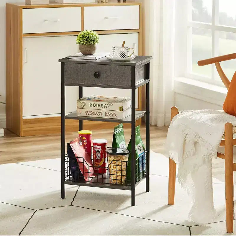 Tavolino VECELO alto, comodino, organizzatore portaoggetti con cassetto in metallo estraibile per soggiorno o camera da letto, grigio/marrone