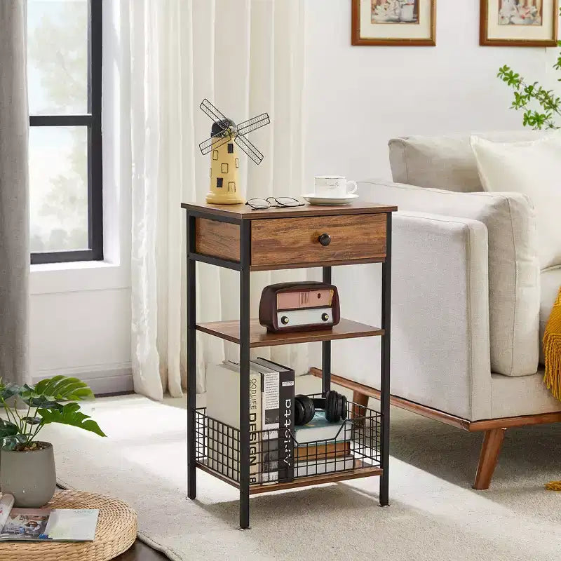 Tavolino VECELO alto, comodino, organizzatore portaoggetti con cassetto in metallo estraibile per soggiorno o camera da letto, grigio/marrone