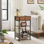 Tavolino VECELO alto, comodino, organizzatore portaoggetti con cassetto in metallo estraibile per soggiorno o camera da letto, grigio/marrone