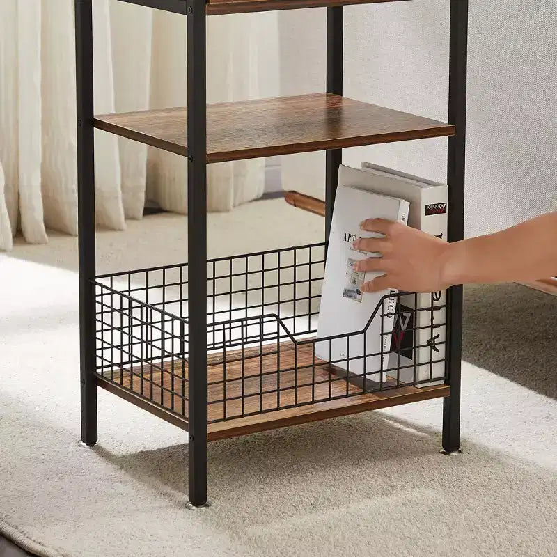 Tavolino VECELO alto, comodino, organizzatore portaoggetti con cassetto in metallo estraibile per soggiorno o camera da letto, grigio/marrone