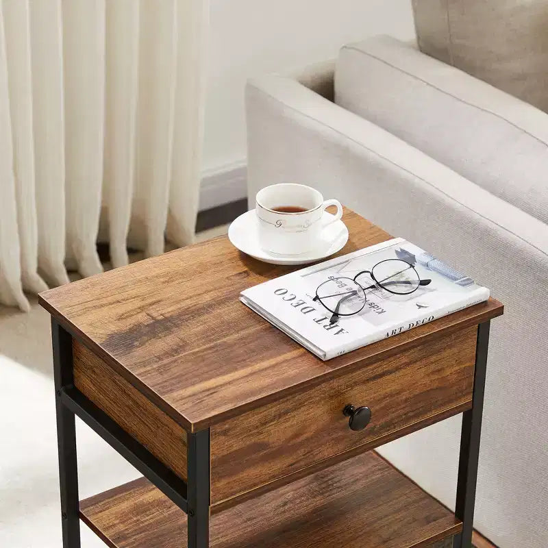 Tavolino VECELO alto, comodino, organizzatore portaoggetti con cassetto in metallo estraibile per soggiorno o camera da letto, grigio/marrone