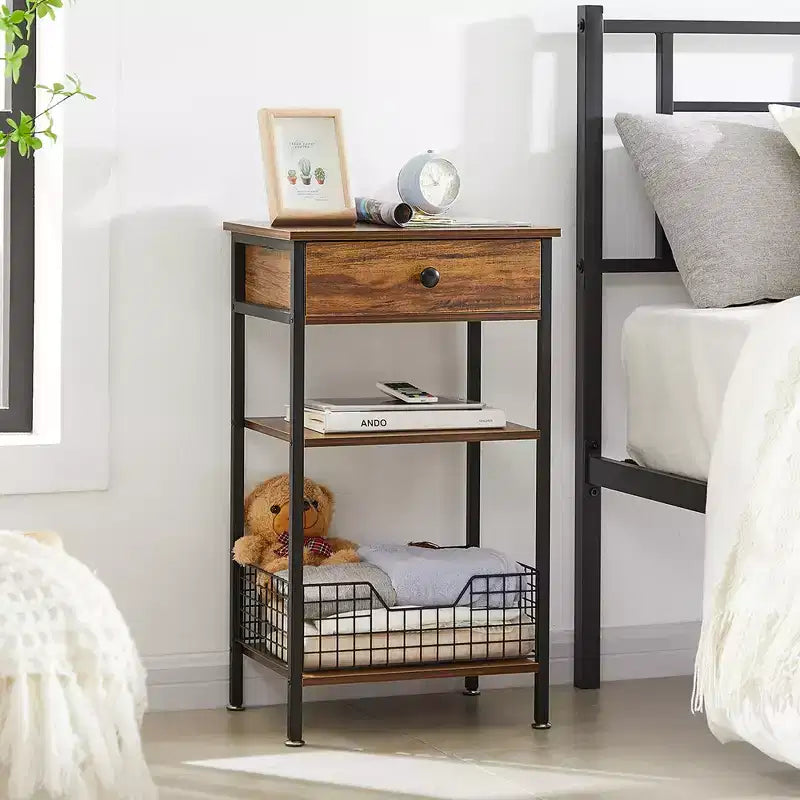 VECELO Tall Side End Table, Nightstand Shelf Storage Organizer with Pull-Out Metal Basket for Living Room or Bedroom, Gray/Brown