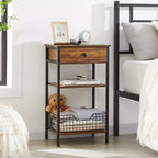 VECELO Tall Side End Table, Nightstand Shelf Storage Organizer with Pull-Out Metal Basket for Living Room or Bedroom, Gray/Brown