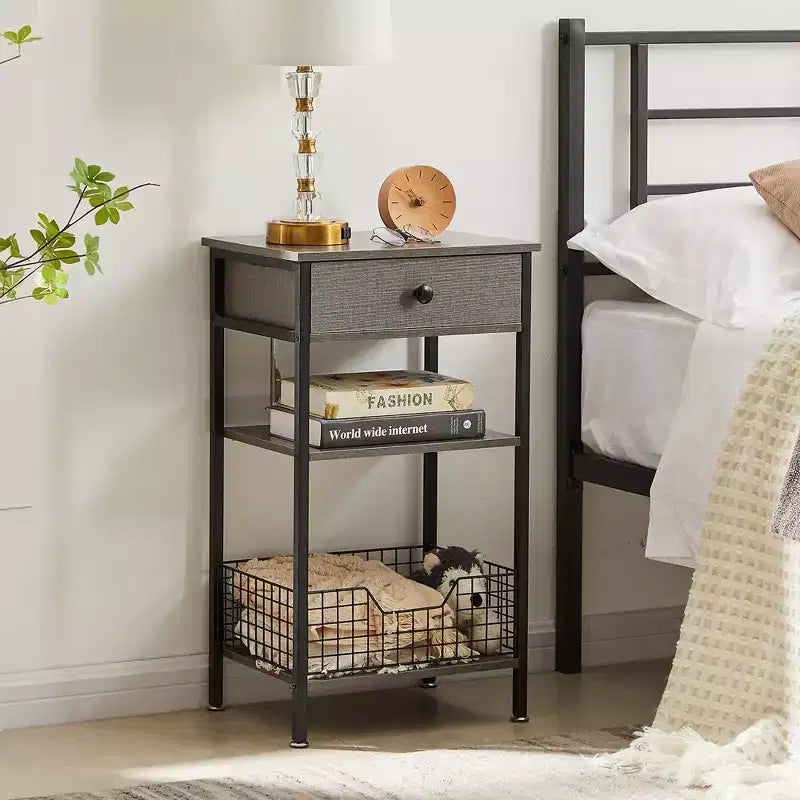 Tavolino VECELO alto, comodino, organizzatore portaoggetti con cassetto in metallo estraibile per soggiorno o camera da letto, grigio/marrone