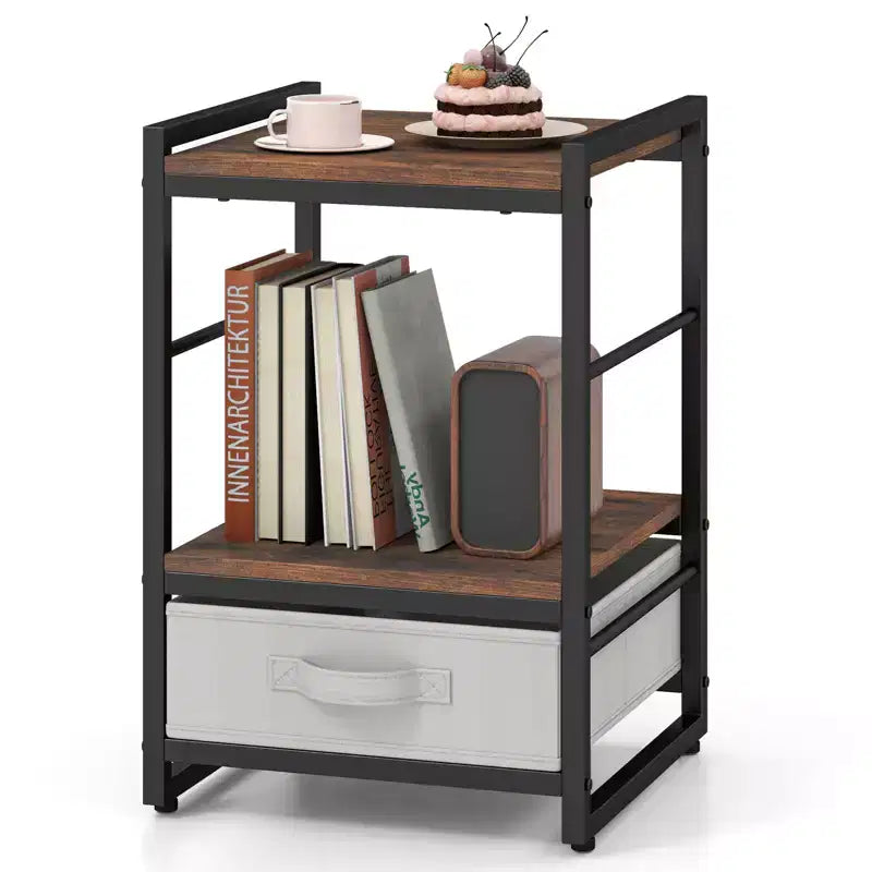 Costway Nightstand Industrial Bedside Table with Open Storage Shelf & Fabric Drawer for Living Room Rustic Brown