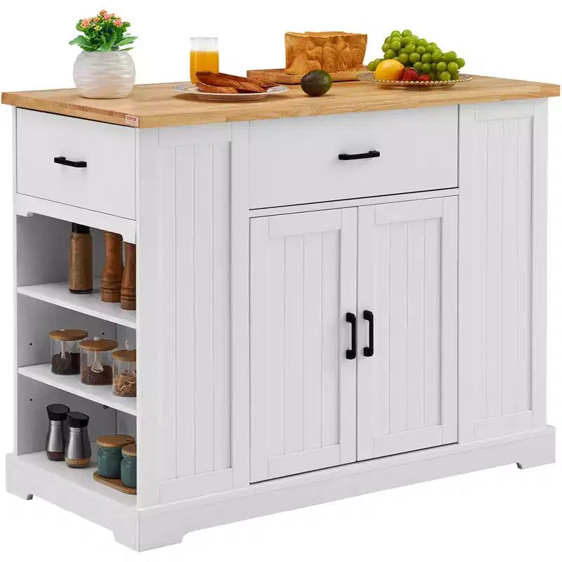 VEVOR Kitchen Island Cart, 46 Wood Top Breakfast Bar with Storage Cabinet, Farmhouse Kitchen Table with Adjustable Shelf, Drawer, White