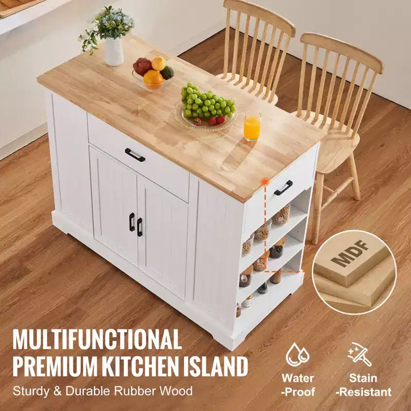 VEVOR Chariot d'îlot de cuisine, bar de petit-déjeuner avec dessus en bois de 117 cm et armoire de rangement, table de cuisine de style ferme avec étagère réglable, tiroir, blanc