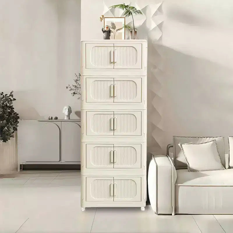 MAYEERTY 19.69 Side 5 Tiers Plastic Folding Stoarge Cabinet with Magnetic Door Wheels Cream White for Living Room