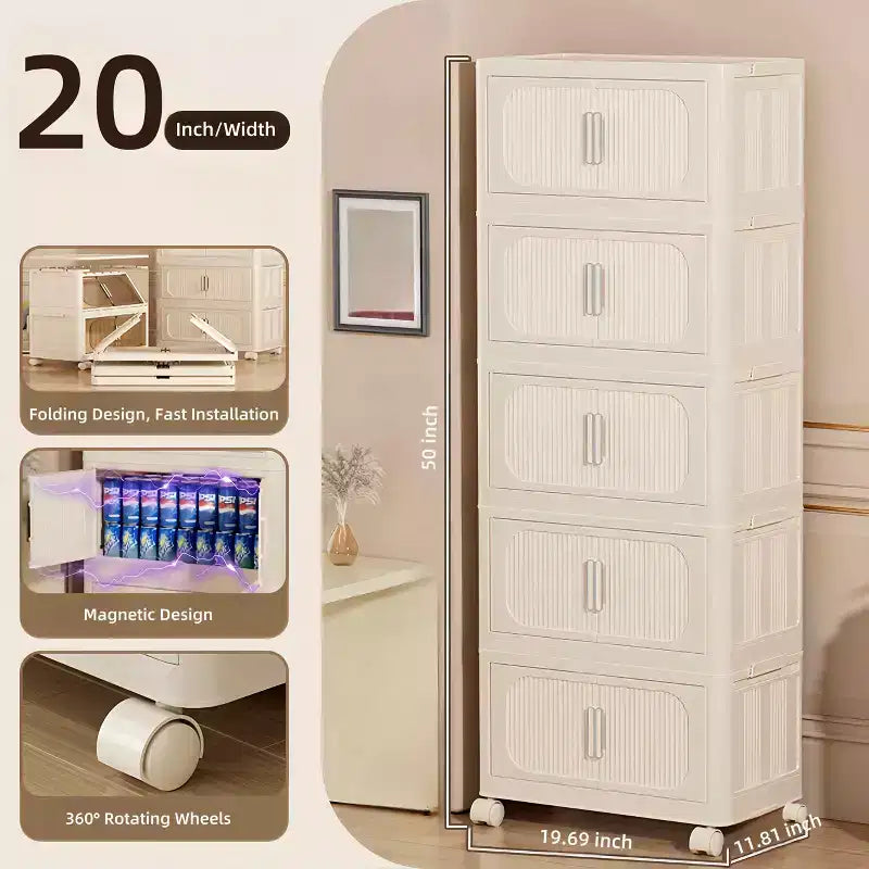 MAYEERTY 19.69 Armoire de Rangement Pliante en Plastique à 5 Niveaux avec Porte Magnétique et Roulettes Blanc Crème pour Salon