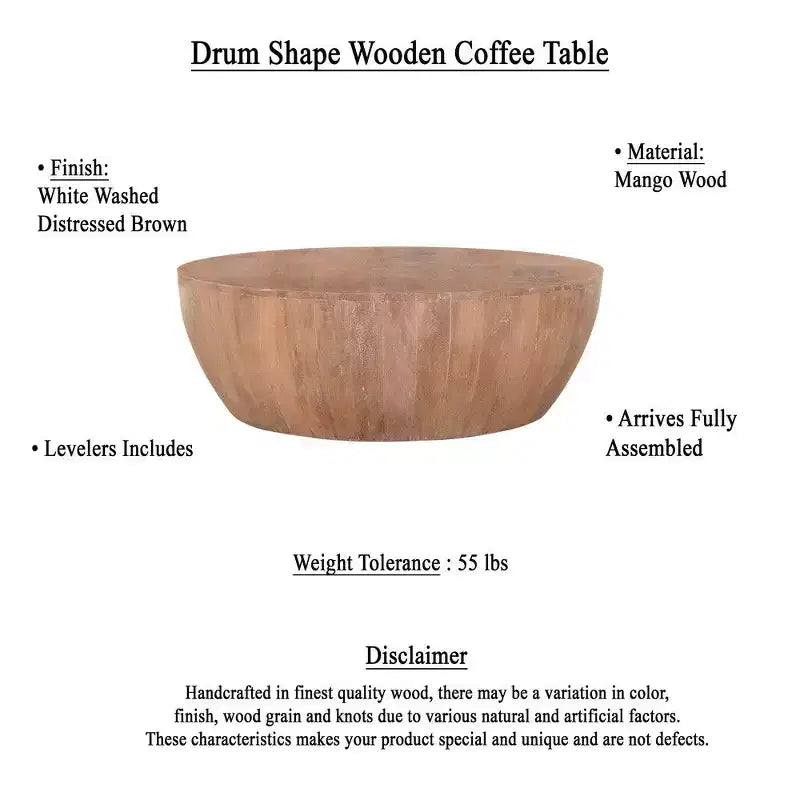 Table basse Royal Hampton en bois en forme de tambour de 90 cm avec base à lattes