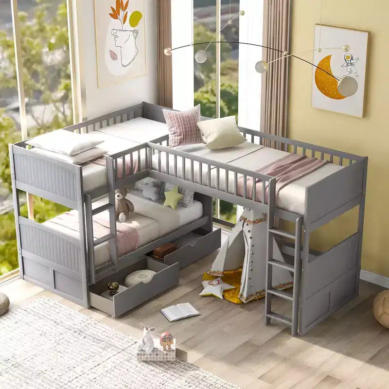 Okak Letto a Castello Doppio con Letto a Soppalco Annesso, Letti a Castello in Legno Massiccio con Due Cassetti e Scale per Bambini, Bambine, Bambini Facile da Montare