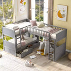 Okak Letto a Castello Doppio con Letto a Soppalco Annesso, Letti a Castello in Legno Massiccio con Due Cassetti e Scale per Bambini, Bambine, Bambini Facile da Montare