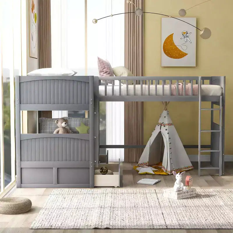 Okak Letto a Castello Doppio con Letto a Soppalco Annesso, Letti a Castello in Legno Massiccio con Due Cassetti e Scale per Bambini, Bambine, Bambini Facile da Montare