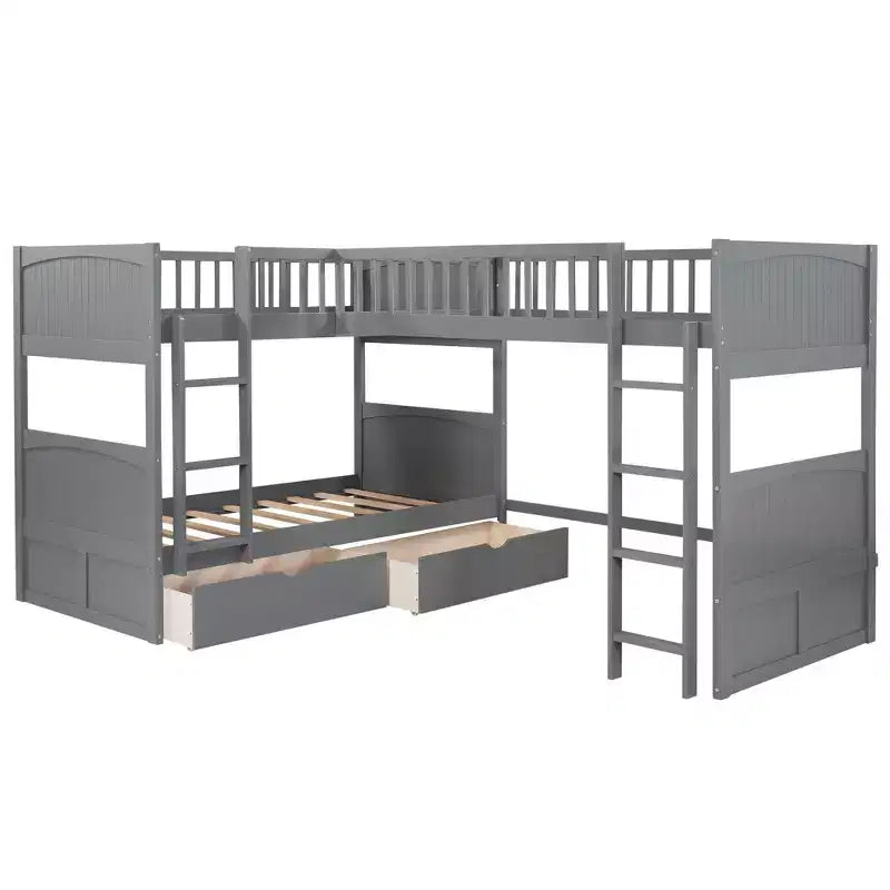 Okak Letto a Castello Doppio con Letto a Soppalco Annesso, Letti a Castello in Legno Massiccio con Due Cassetti e Scale per Bambini, Bambine, Bambini Facile da Montare