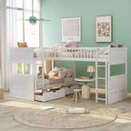 Okak Letto a Castello Doppio con Letto a Soppalco Annesso, Letti a Castello in Legno Massiccio con Due Cassetti e Scale per Bambini, Bambine, Bambini Facile da Montare