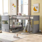 Okak Twin Bunk Bed with a attached Loft Bed, Solid Wood BunkBeds with Two Drawers and Stairs for Kids, Girls, Boys Easy Assemble