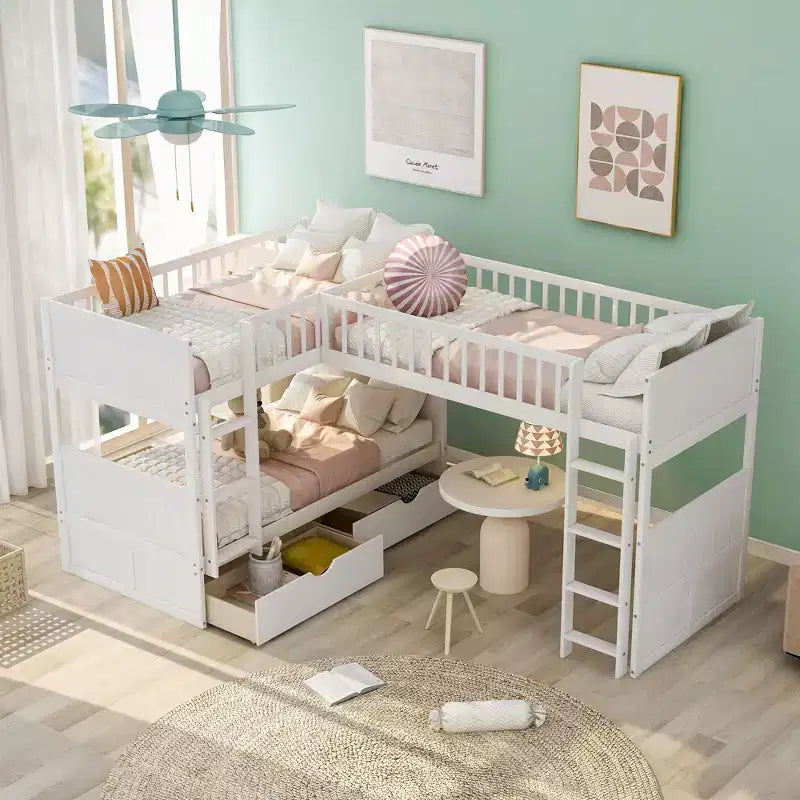 Okak Letto a Castello Doppio con Letto a Soppalco Annesso, Letti a Castello in Legno Massiccio con Due Cassetti e Scale per Bambini, Bambine, Bambini Facile da Montare