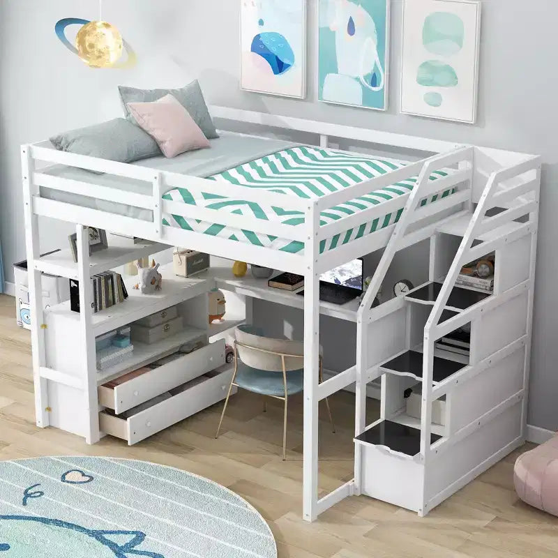 Okak Full/Twin Size Solid Wood Bunk Bed with 2 Built-in Drawers & Storage Staircase Loft Bunk Bed with Desk & Shelves for Kids Teens, Easy Assemble