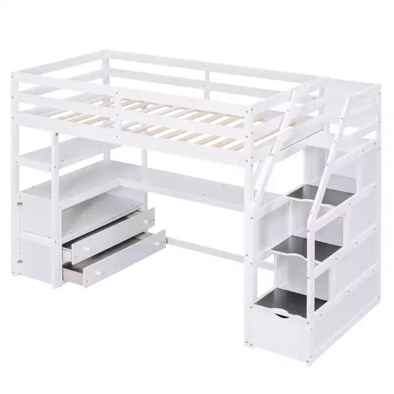 Letto a Castello in Legno Massello Okak con 2 Cassetti Incorporati e Scala con Ripostiglio, Letto a Castello a Soppalco con Scrivania e Scaffali per Bambini e Adolescenti, Facile da Montare, Misura Completa/Doppia