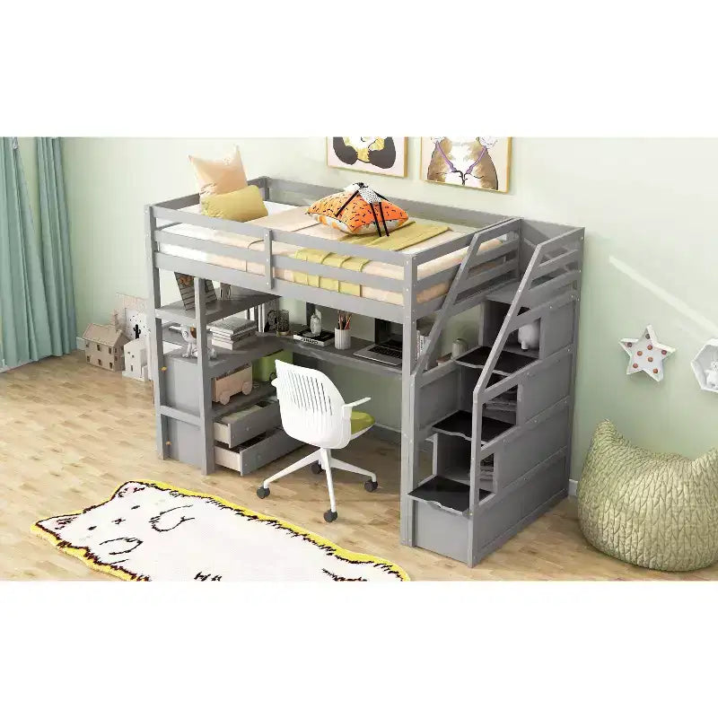 Letto a Castello in Legno Massello Okak con 2 Cassetti Incorporati e Scala con Ripostiglio, Letto a Castello a Soppalco con Scrivania e Scaffali per Bambini e Adolescenti, Facile da Montare, Misura Completa/Doppia