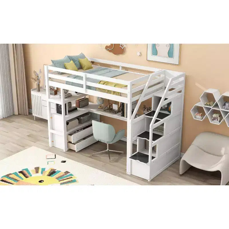 Letto a Castello in Legno Massello Okak con 2 Cassetti Incorporati e Scala con Ripostiglio, Letto a Castello a Soppalco con Scrivania e Scaffali per Bambini e Adolescenti, Facile da Montare, Misura Completa/Doppia