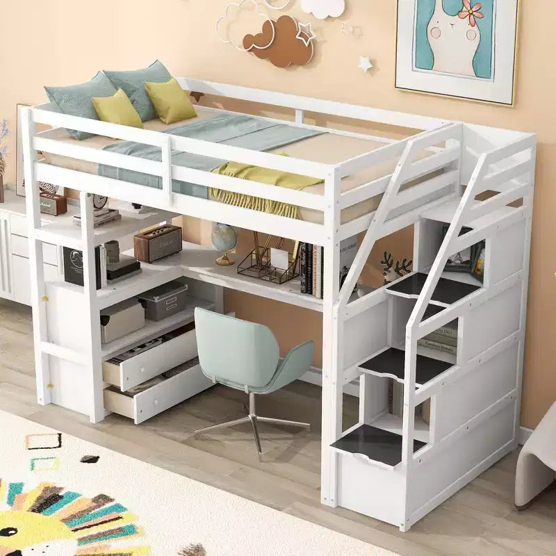 Letto a Castello in Legno Massello Okak con 2 Cassetti Incorporati e Scala con Ripostiglio, Letto a Castello a Soppalco con Scrivania e Scaffali per Bambini e Adolescenti, Facile da Montare, Misura Completa/Doppia