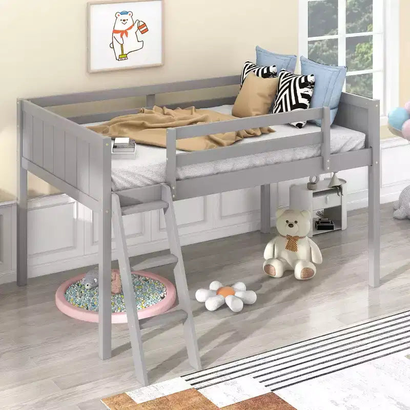 Okak Letto a Castello in Legno Massello Dimensioni Doppia/Matrimoniale, Letto a Soppalco Basso con Scala Convertibile Sinistra/Destra e Sponda di Sicurezza per Bambini e Ragazzi, Facile da Montare