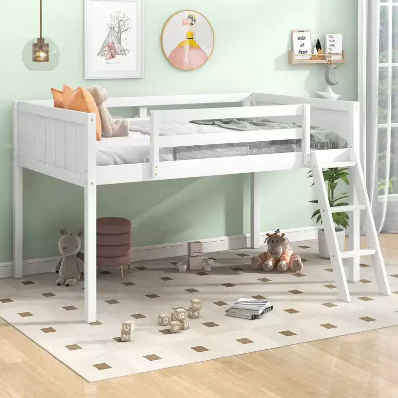 Okak Letto a Castello in Legno Massello Dimensioni Doppia/Matrimoniale, Letto a Soppalco Basso con Scala Convertibile Sinistra/Destra e Sponda di Sicurezza per Bambini e Ragazzi, Facile da Montare